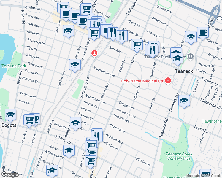 map of restaurants, bars, coffee shops, grocery stores, and more near 625 Palmer Avenue in Teaneck