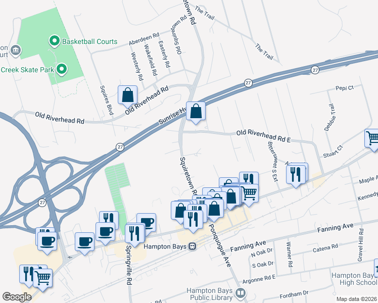 map of restaurants, bars, coffee shops, grocery stores, and more near 34 Squiretown Road in Hampton Bays
