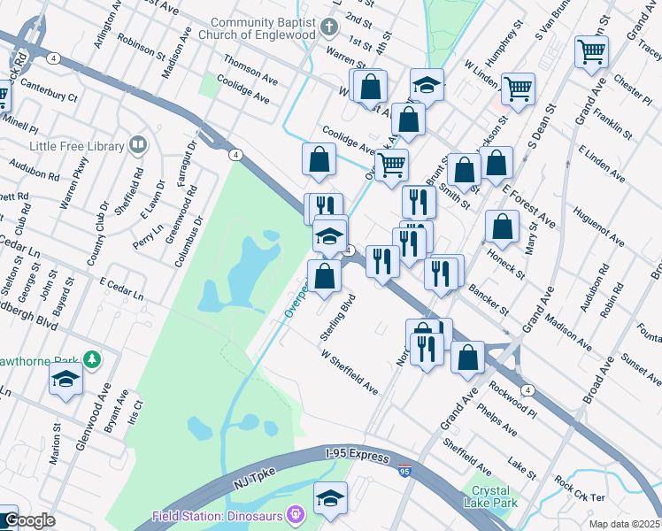 map of restaurants, bars, coffee shops, grocery stores, and more near 10 Sterling Boulevard in Englewood