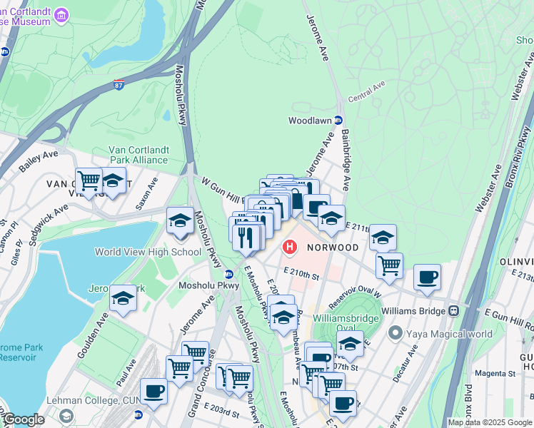 map of restaurants, bars, coffee shops, grocery stores, and more near 3464 Knox Place in Bronx