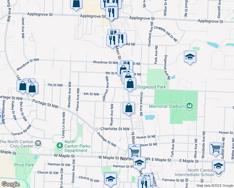 map of restaurants, bars, coffee shops, grocery stores, and more near 600 Royer Avenue Northwest in North Canton
