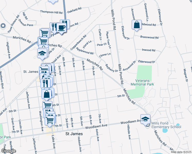 map of restaurants, bars, coffee shops, grocery stores, and more near 251 3rd Street in Saint James