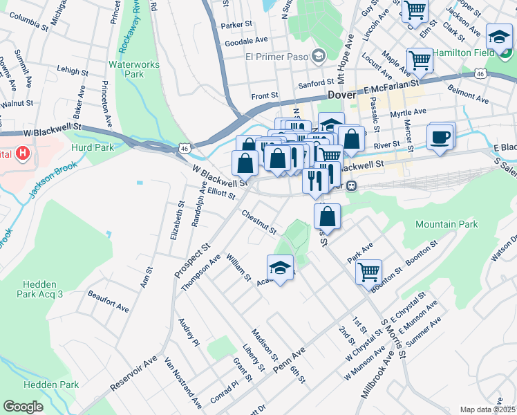 map of restaurants, bars, coffee shops, grocery stores, and more near 50 Thompson Avenue in Dover