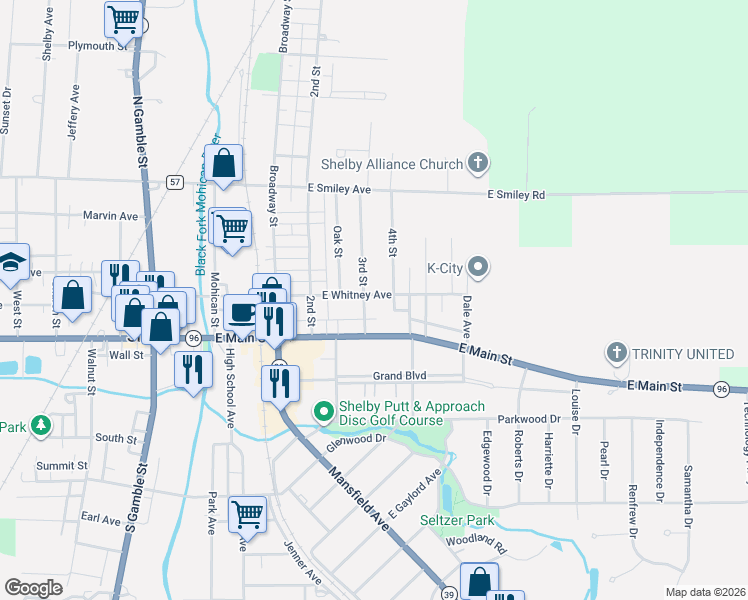 map of restaurants, bars, coffee shops, grocery stores, and more near 62 East Whitney Avenue in Shelby