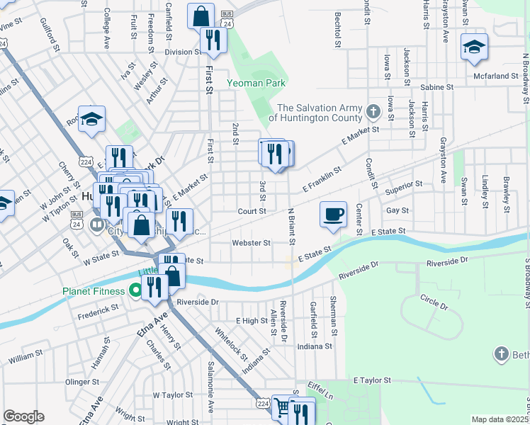 map of restaurants, bars, coffee shops, grocery stores, and more near 701 Court Street in Huntington
