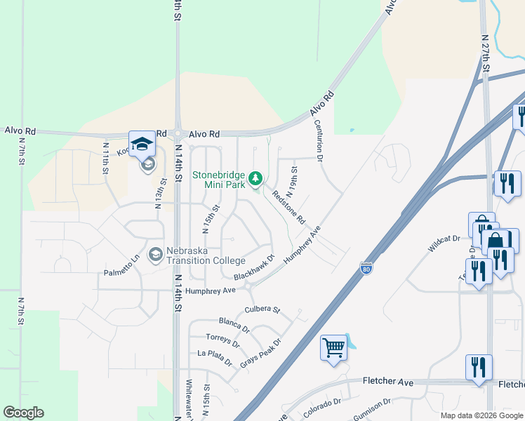 map of restaurants, bars, coffee shops, grocery stores, and more near 7100 North Steamboat Drive in Lincoln