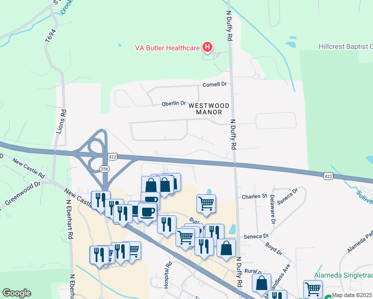 map of restaurants, bars, coffee shops, grocery stores, and more near 235 North Duffy Road in Butler