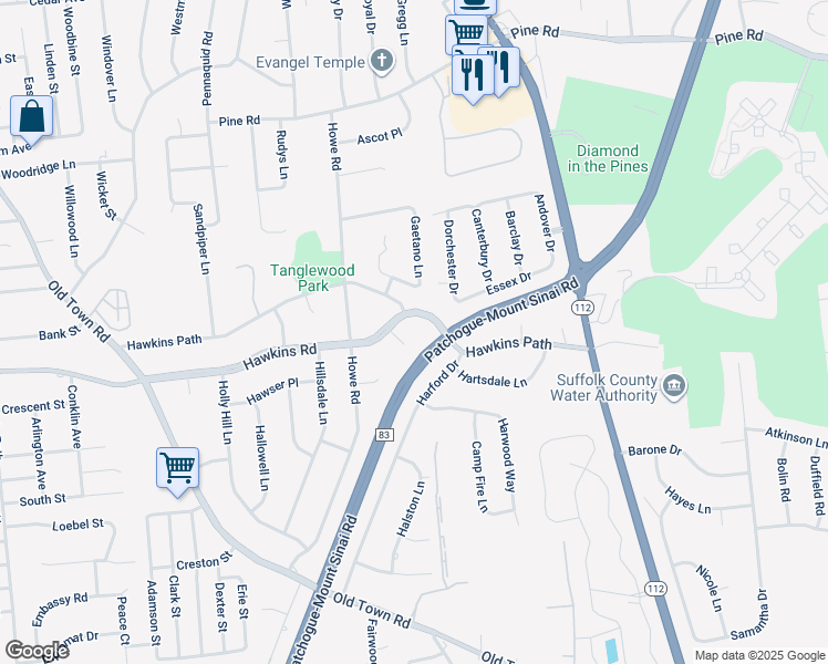 map of restaurants, bars, coffee shops, grocery stores, and more near 1 Hamilton Court in Coram