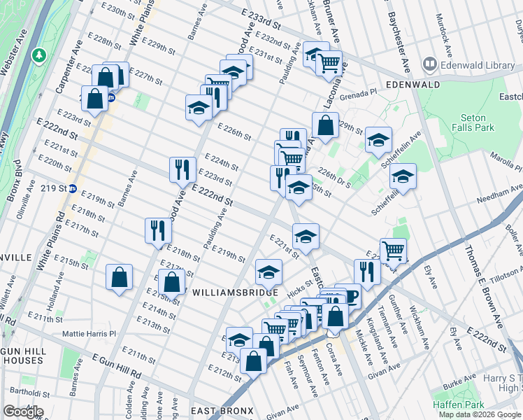 map of restaurants, bars, coffee shops, grocery stores, and more near 1055 East 222nd Street in Bronx