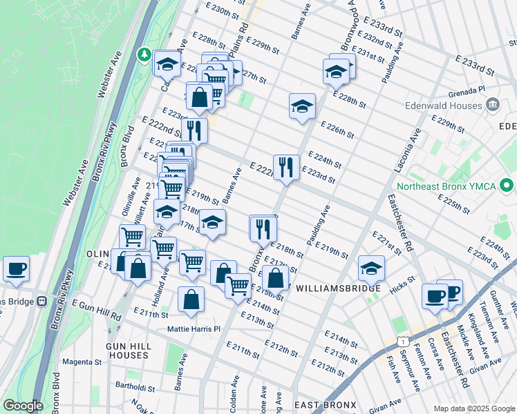 map of restaurants, bars, coffee shops, grocery stores, and more near 837 East 219th Street in Bronx