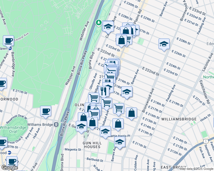 map of restaurants, bars, coffee shops, grocery stores, and more near 3738 White Plains Road in Bronx
