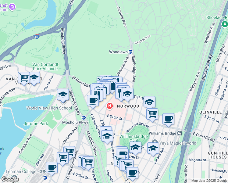 map of restaurants, bars, coffee shops, grocery stores, and more near in The Bronx