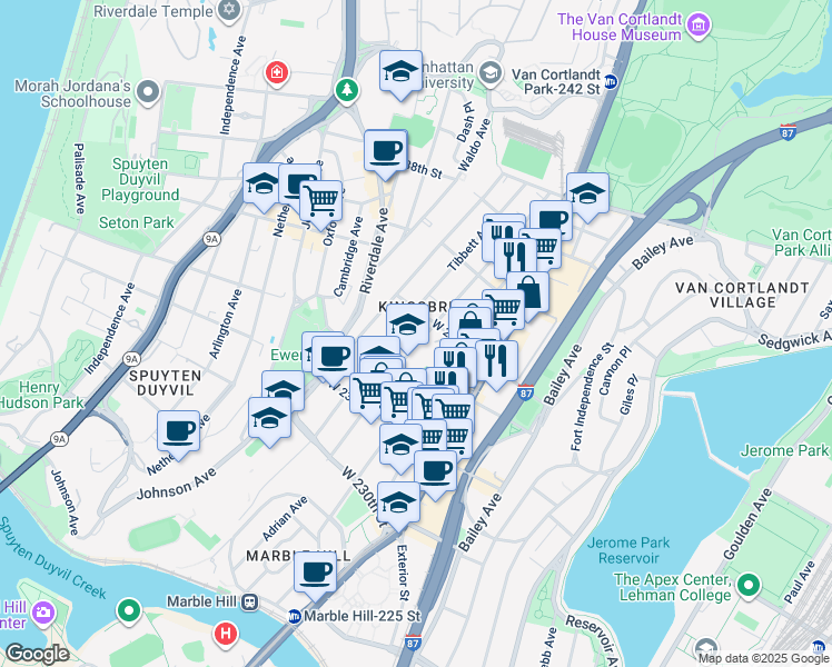 map of restaurants, bars, coffee shops, grocery stores, and more near 3240 Corlear Avenue in The Bronx