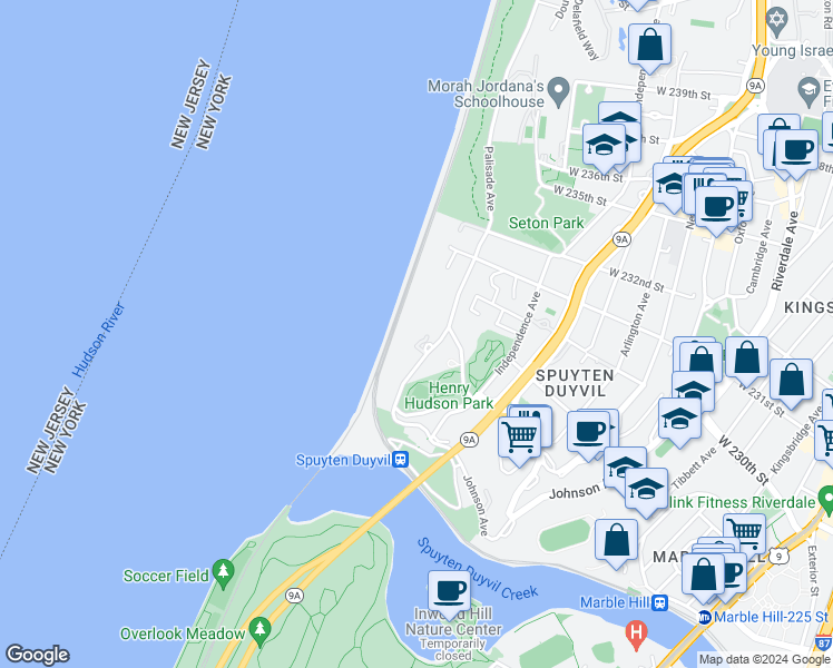 map of restaurants, bars, coffee shops, grocery stores, and more near 2621 Palisade Avenue in Bronx
