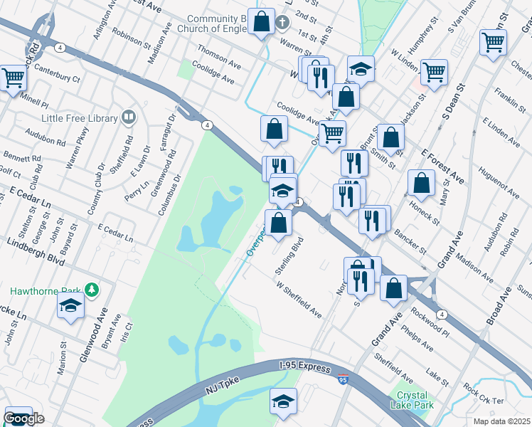 map of restaurants, bars, coffee shops, grocery stores, and more near 1409 Windsor Park Court in Englewood