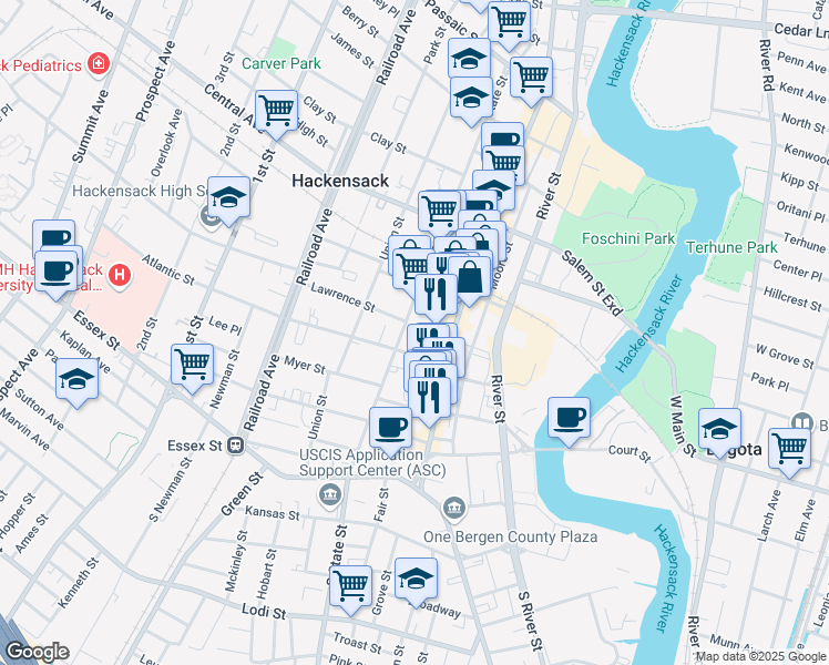 map of restaurants, bars, coffee shops, grocery stores, and more near 102 State Street in Hackensack