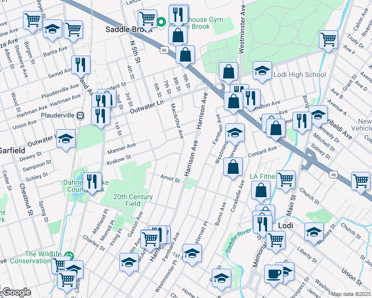 map of restaurants, bars, coffee shops, grocery stores, and more near 444 Macarthur Avenue in Garfield