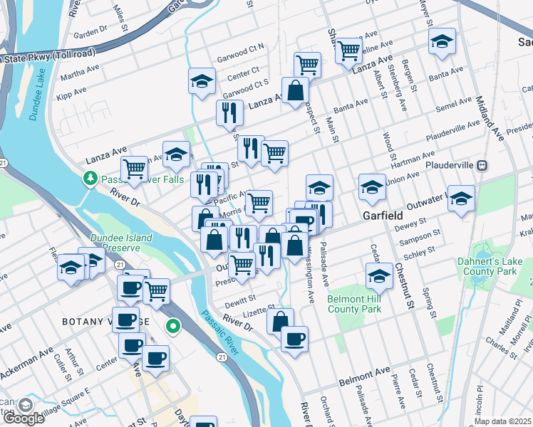 map of restaurants, bars, coffee shops, grocery stores, and more near 85 Columbus Avenue in Garfield