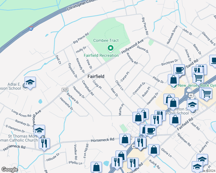 map of restaurants, bars, coffee shops, grocery stores, and more near 18 Alan Drive in Fairfield