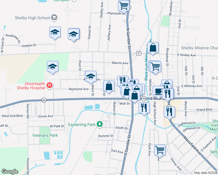 map of restaurants, bars, coffee shops, grocery stores, and more near 13-17 Raymond Avenue in Shelby