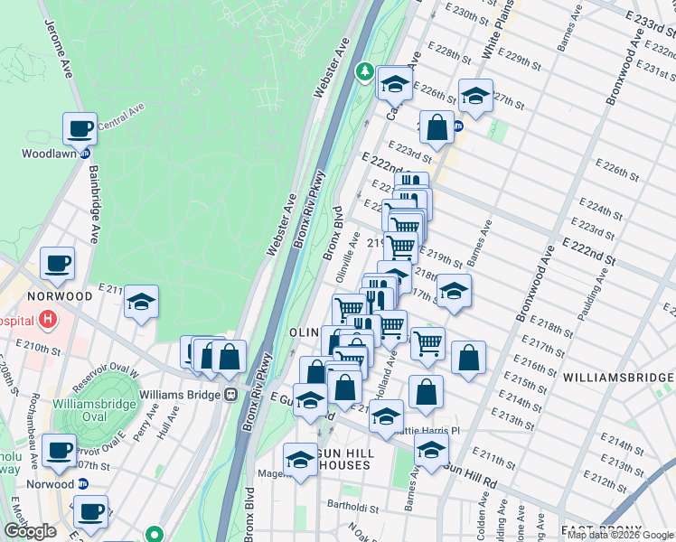 map of restaurants, bars, coffee shops, grocery stores, and more near 3719 Olinville Avenue in The Bronx