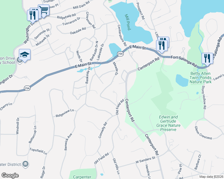 map of restaurants, bars, coffee shops, grocery stores, and more near 19 Martha Court in Centerport