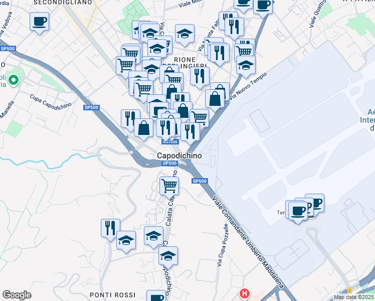 map of restaurants, bars, coffee shops, grocery stores, and more near 7 Via Francesco De Pinedo in Napoli