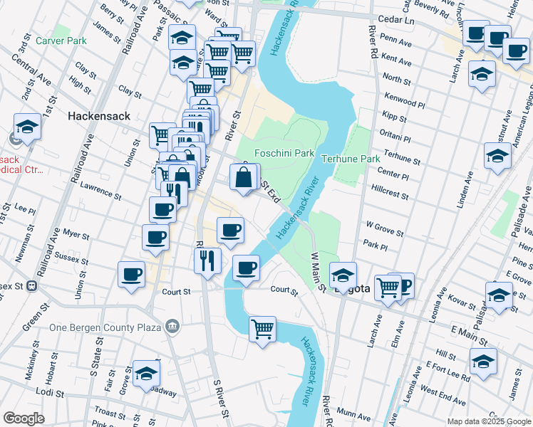 map of restaurants, bars, coffee shops, grocery stores, and more near 111 Midtown Place in Hackensack