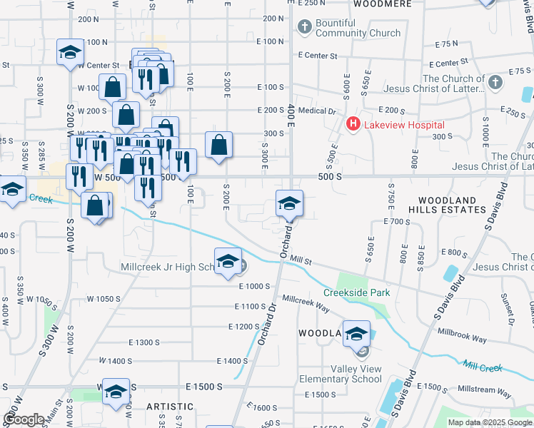 map of restaurants, bars, coffee shops, grocery stores, and more near 309 Peach Lane in Bountiful