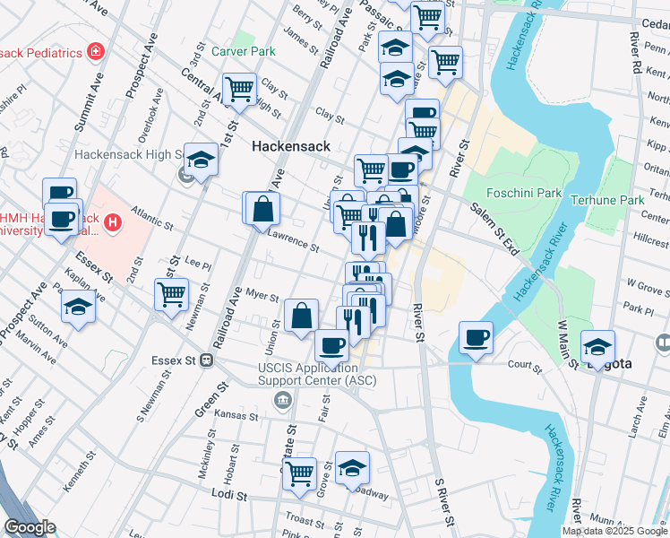 map of restaurants, bars, coffee shops, grocery stores, and more near 125 State Street in Hackensack