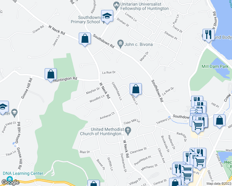 map of restaurants, bars, coffee shops, grocery stores, and more near 22 Copperdale Lane in Huntington