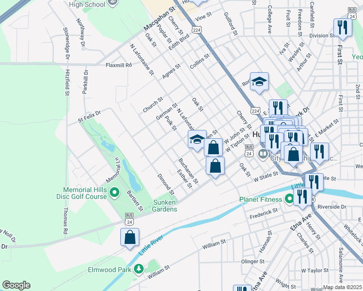 map of restaurants, bars, coffee shops, grocery stores, and more near 744 Polk Street in Huntington