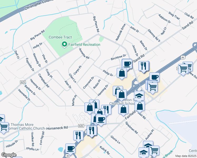 map of restaurants, bars, coffee shops, grocery stores, and more near 20 Crescent Drive in Fairfield