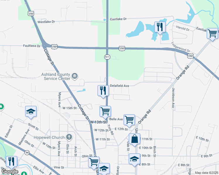 map of restaurants, bars, coffee shops, grocery stores, and more near 1491 Troy Road in Ashland