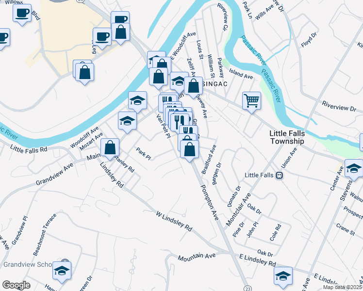 map of restaurants, bars, coffee shops, grocery stores, and more near 153 Newark Pompton Turnpike in Little Falls