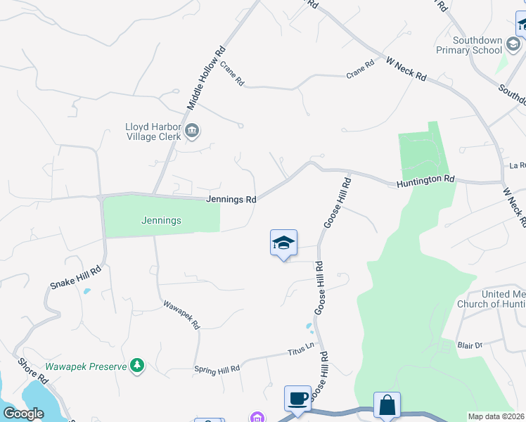 map of restaurants, bars, coffee shops, grocery stores, and more near 155 Jennings Road in Cold Spring Harbor