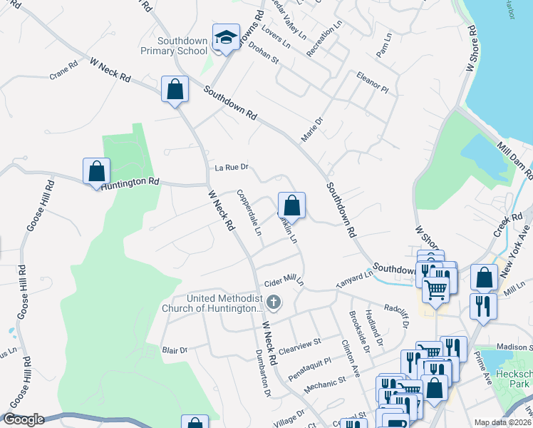 map of restaurants, bars, coffee shops, grocery stores, and more near 6 Blue Grass Court in Huntington
