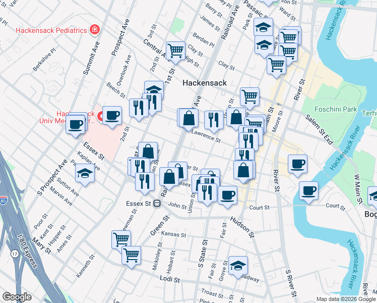map of restaurants, bars, coffee shops, grocery stores, and more near 133 Atlantic Street in Hackensack