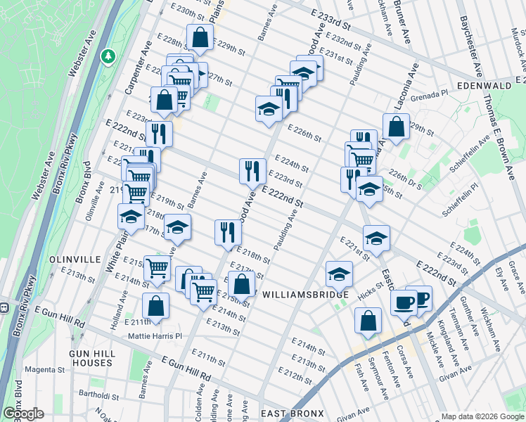 map of restaurants, bars, coffee shops, grocery stores, and more near 928 East 221st Street in Bronx
