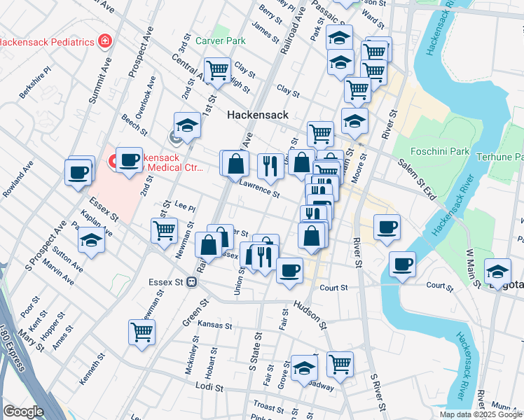 map of restaurants, bars, coffee shops, grocery stores, and more near 129 Union Street in Hackensack