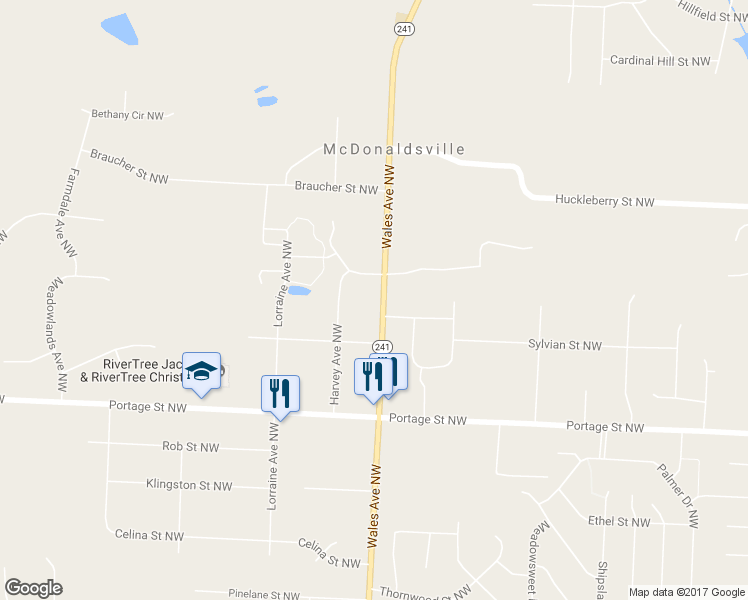 map of restaurants, bars, coffee shops, grocery stores, and more near 7023 Wales Avenue Northwest in North Canton