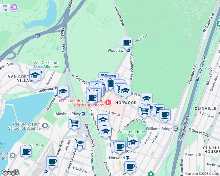 map of restaurants, bars, coffee shops, grocery stores, and more near 9 East Gun Hill Road in The Bronx