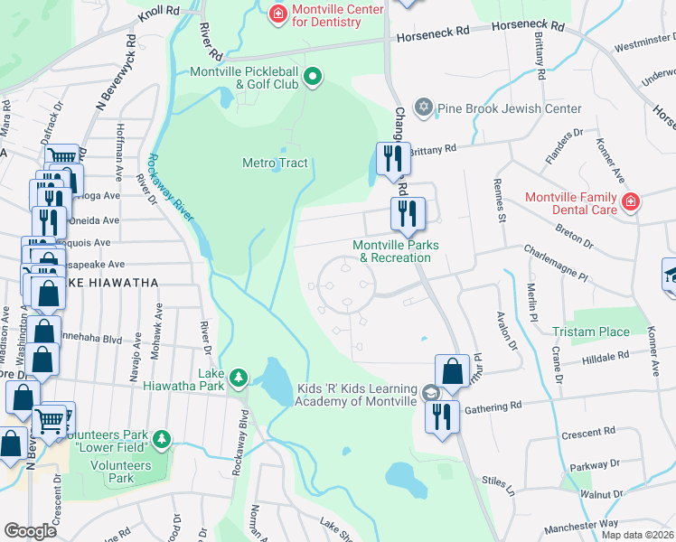 map of restaurants, bars, coffee shops, grocery stores, and more near 11 Hancock Court in Montville