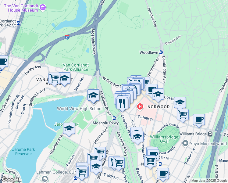 map of restaurants, bars, coffee shops, grocery stores, and more near 55 West Mosholu Parkway South in Bronx