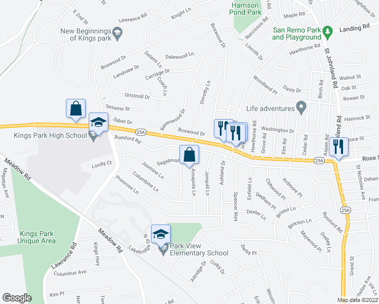 map of restaurants, bars, coffee shops, grocery stores, and more near 102 Rumford Road in Kings Park