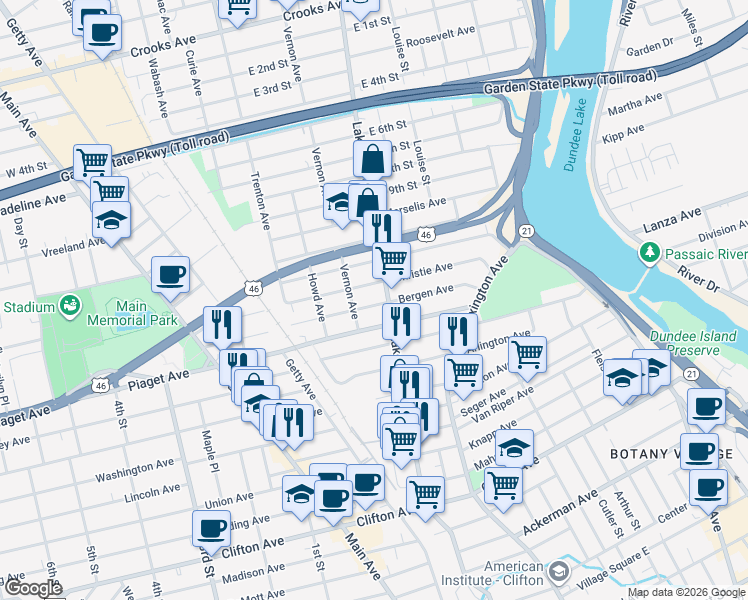 map of restaurants, bars, coffee shops, grocery stores, and more near 217 Lakeview Avenue in Clifton