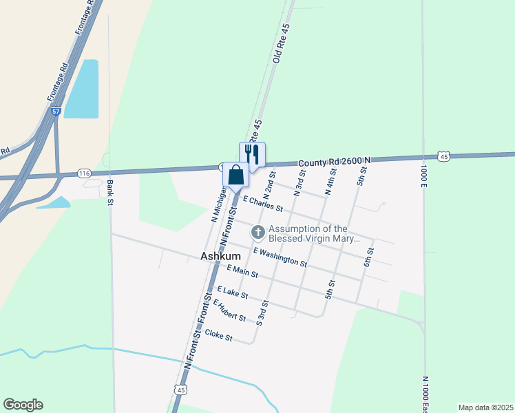 map of restaurants, bars, coffee shops, grocery stores, and more near 307 North 2nd Street in Ashkum
