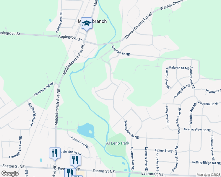 map of restaurants, bars, coffee shops, grocery stores, and more near 2810 Forestview St NE in Canton