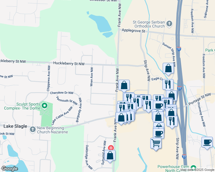 map of restaurants, bars, coffee shops, grocery stores, and more near 5096 Bobwhite Street Northwest in North Canton