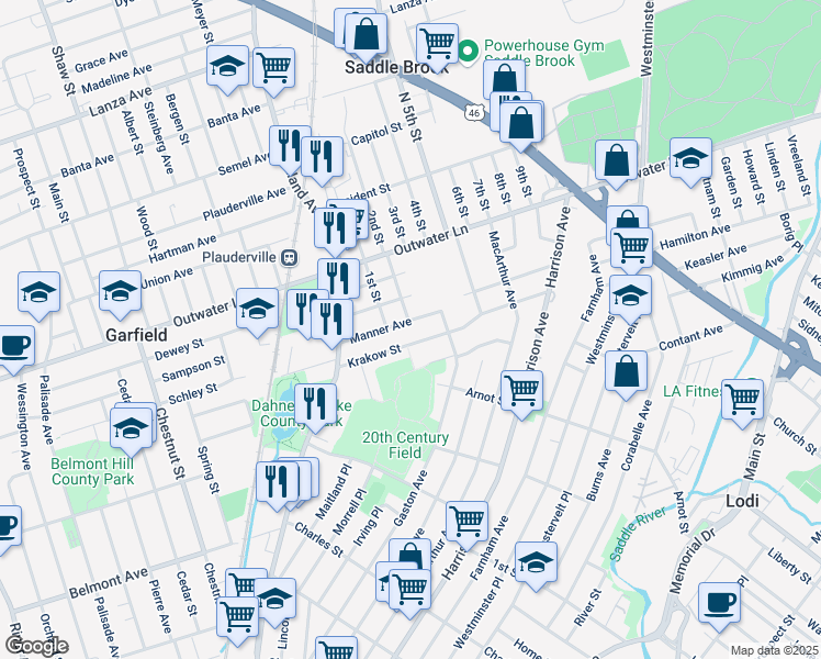 map of restaurants, bars, coffee shops, grocery stores, and more near 60 Manner Avenue in Garfield